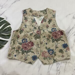 Vivaldi Womens Vintage 90s Denim Vest Size L Cream Pink Floral Cottage Country